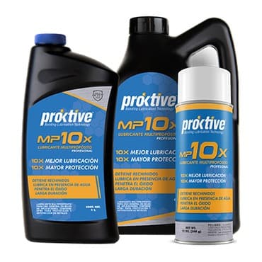 Presentaciones de Proktive MP10X: litro, galón y aerosol de lubricante penetrante